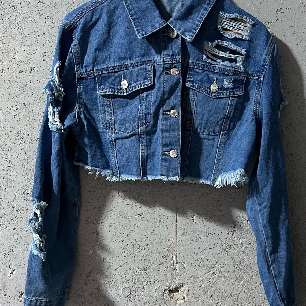 SHEIN Distressed Denim Jacket Sz L 8/10 US